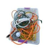 Large Extension Cord Lot with Power Strips, Work Light and Storage Bin