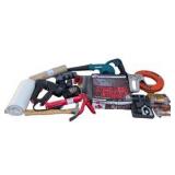 Mixed Tool Lot With Makita Blower, Performax Detail Saw, Stapler, Caulk Gun, Door Knobs and More
