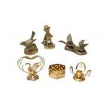 Brass Tone Country Decor Lot Bird Figurine, Farmer Statue, Flying Ducks Geese - 3 Pc PLUS Vintage Gold Tone Swan Decor Lot Crystal Accent Candle Holders Basket Centerpiece