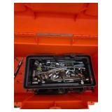 Orange Tool Box with Mixed Hand Tools, Sockets, Ratchet, Cutters and Misc. Hardware