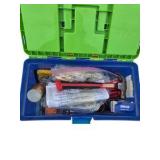 Blue and Green Tool Box with Hammer, Level, Fasteners and Mixed Hand Tools
