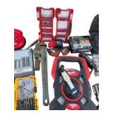 Large Mixed Tool Lot with Milwaukee Tape, Bosch Bits, Pipe Wrench & Accessories