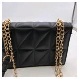 Black Quilted Chain Strap Crossbody Purse with Gold VS Logo