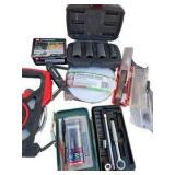 Large Mixed Tool Lot with Milwaukee Tape, Bosch Bits, Pipe Wrench & Accessories