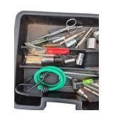 Orange Tool Box with Mixed Hand Tools, Sockets, Ratchet, Cutters and Misc. Hardware
