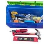 Blue and Green Tool Box with Hammer, Level, Fasteners and Mixed Hand Tools