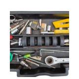 Orange Tool Box with Mixed Hand Tools, Sockets, Ratchet, Cutters and Misc. Hardware