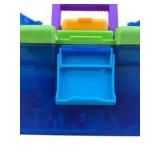Blue and Green Tool Box with Hammer, Level, Fasteners and Mixed Hand Tools
