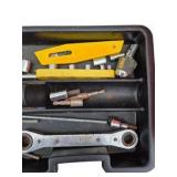 Orange Tool Box with Mixed Hand Tools, Sockets, Ratchet, Cutters and Misc. Hardware