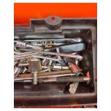 Orange Tool Box with Mixed Hand Tools, Sockets, Ratchet, Cutters and Misc. Hardware