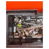 Orange Tool Box with Mixed Hand Tools, Sockets, Ratchet, Cutters and Misc. Hardware
