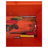 Orange Tool Box with Mixed Hand Tools, Sockets, Ratchet, Cutters and Misc. Hardware