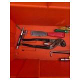 Orange Tool Box with Mixed Hand Tools, Sockets, Ratchet, Cutters and Misc. Hardware