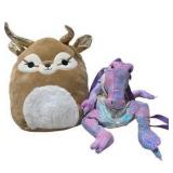 Squishmallows Deer Plush & Purple Dragon Backpack Plush Lot