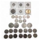 Mixed Coin Lot – Kennedy Half Dollars, Eisenhower Dollars, Buffalo Nickel, V Nickels, Barber Dimes, Foreign Coins & Nixon Medal