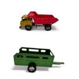 Lot of 2 Vintage Hubley Kiddie Toy Diecast Metal Cattle Trailer & Dump Truck