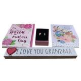 Mother’s Day Gift Lot With Moissanite Earrings, Cards, Grandma Sign & Fragrance Set