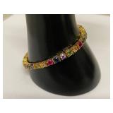 Gold Tone Multicolor Tennis Bracelet 7.75 in Box Clasp