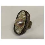 Unmarked Silver Pearl Beaded Statement Ring Size 8.5