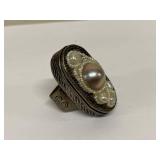 Unmarked Silver Pearl Beaded Statement Ring Size 8.5