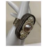Unmarked Silver Pearl Beaded Statement Ring Size 8.5