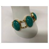 Vintage Gold Tone Link Bracelet w/ Green Mottled Cabochons 43.57g
