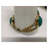 Vintage Gold Tone Link Bracelet w/ Green Mottled Cabochons 43.57g