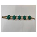 Vintage Gold Tone Link Bracelet w/ Green Mottled Cabochons 43.57g