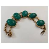 Vintage Gold Tone Link Bracelet w/ Green Mottled Cabochons 43.57g