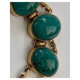 Vintage Gold Tone Link Bracelet w/ Green Mottled Cabochons 43.57g