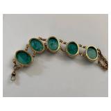 Vintage Gold Tone Link Bracelet w/ Green Mottled Cabochons 43.57g