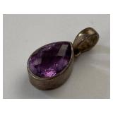 Sterling Silver Teardrop Pendant Purple Faceted Stone 925 Used