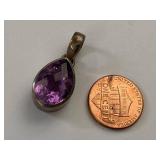 Sterling Silver Teardrop Pendant Purple Faceted Stone 925 Used