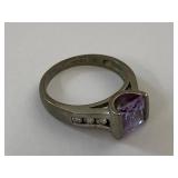 925 Sterling Silver Purple Stone Ring w/ Clear Accents Size 7