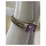 925 Sterling Silver Purple Stone Ring w/ Clear Accents Size 7
