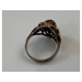 Vintage Tiger's Eye Filigree Ring Silver Tone Size 6 Unmarked