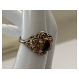 Vintage Tiger's Eye Filigree Ring Silver Tone Size 6 Unmarked