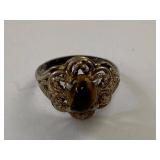 Vintage Tiger's Eye Filigree Ring Silver Tone Size 6 Unmarked