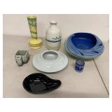 Mixed Art Pottery Lot 7 Pc Blue Bowl Vases Studio Ceramic Decor
