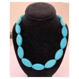 Turquoise Color Oval Bead Necklace Adjustable Silvertone Clasp Used