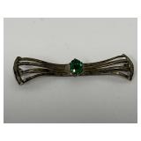 Sterling Silver Bar Brooch Openwork Bow Green Stone Vintage Pin
