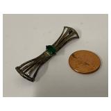 Sterling Silver Bar Brooch Openwork Bow Green Stone Vintage Pin