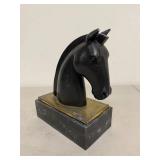 Black Horse Head Bust Sculpture on Heavy Base, Patinated Trim