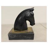 Black Horse Head Bust Sculpture on Heavy Base, Patinated Trim