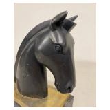 Black Horse Head Bust Sculpture on Heavy Base, Patinated Trim
