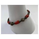 Sterling Silver 925 Red Beaded Bracelet Hook Clasp Oxidized Finish