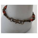Sterling Silver 925 Red Beaded Bracelet Hook Clasp Oxidized Finish