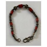 Sterling Silver 925 Red Beaded Bracelet Hook Clasp Oxidized Finish