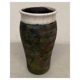 Signed Studio Art Pottery Raku Vase White Crackle Rim 9.5in Used