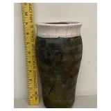 Signed Studio Art Pottery Raku Vase White Crackle Rim 9.5in Used